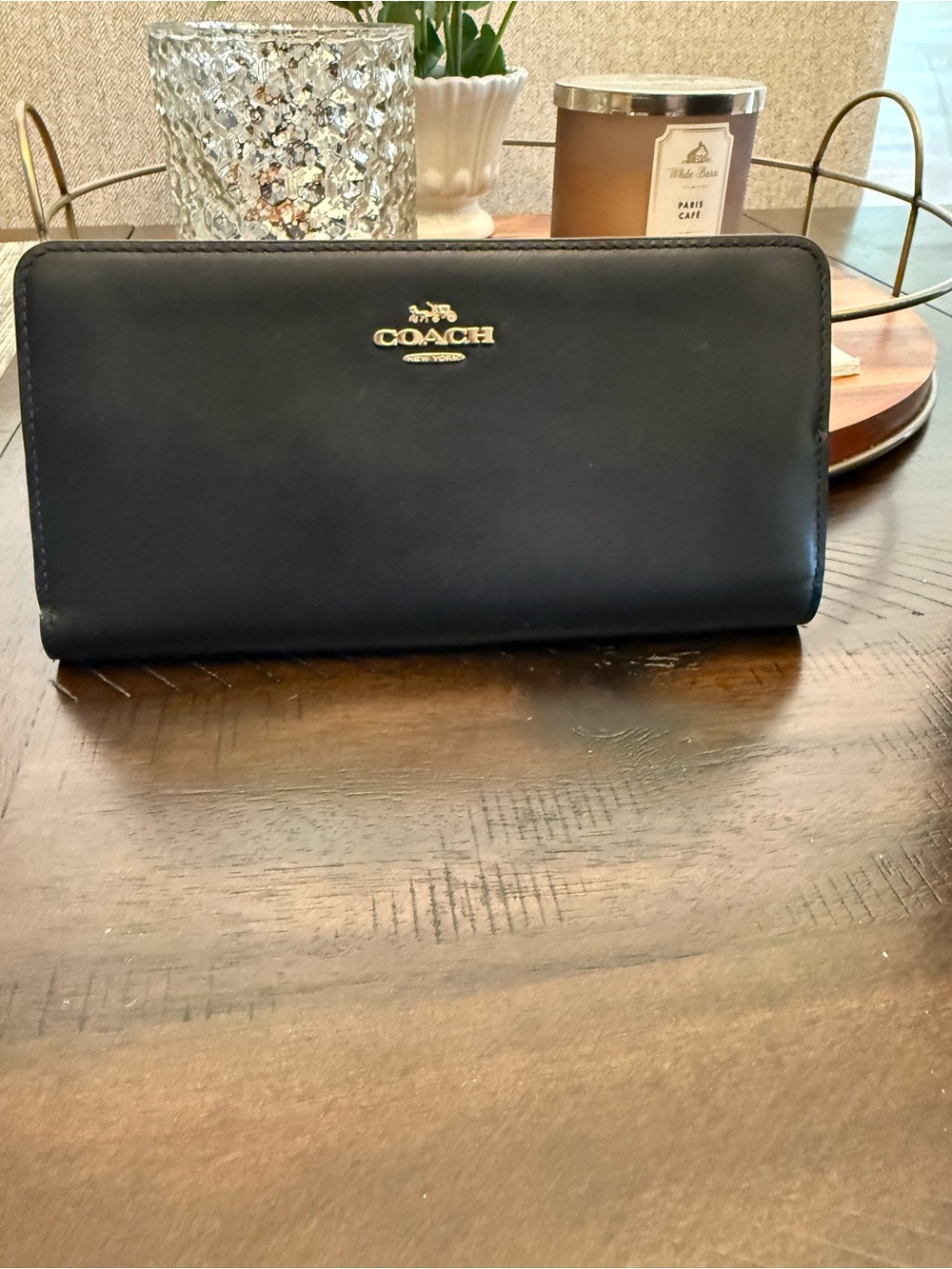 Coach Black Leather Zip-Around Continental Wallet with Gold Logo